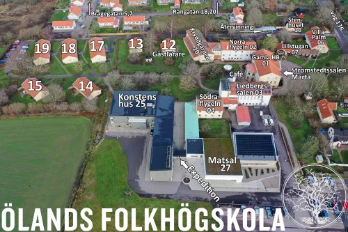 Flygbild över skolan med utmärkta namn och nummer på byggnader